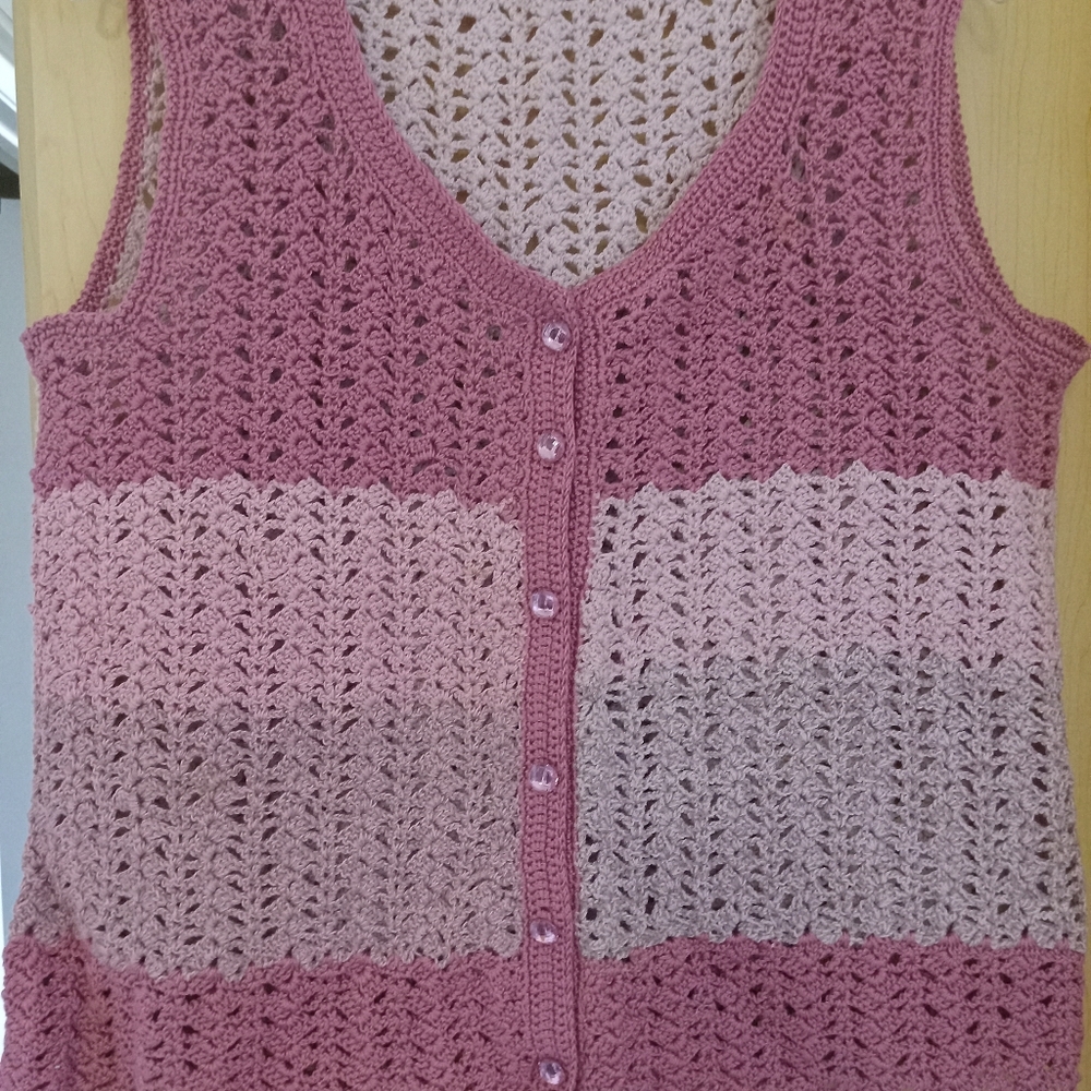 Hand Knit Pink Crochet Button-Up Vest With Rhinestone Buttons